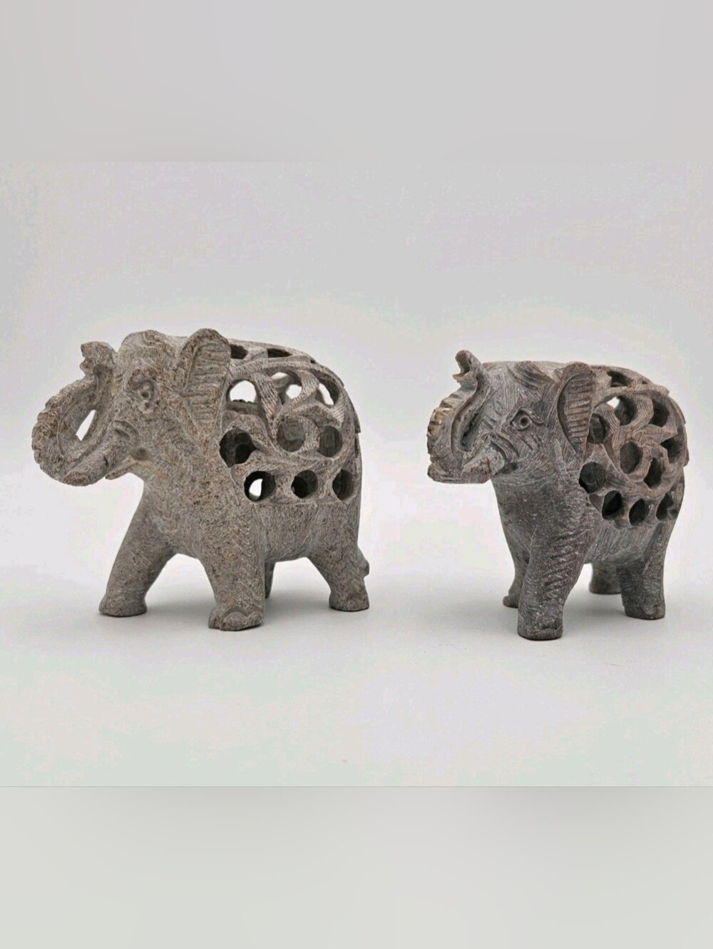 Hand-Carved  Soapstone Elephant Pair Indian Openwork Inlaid Baby Elephants